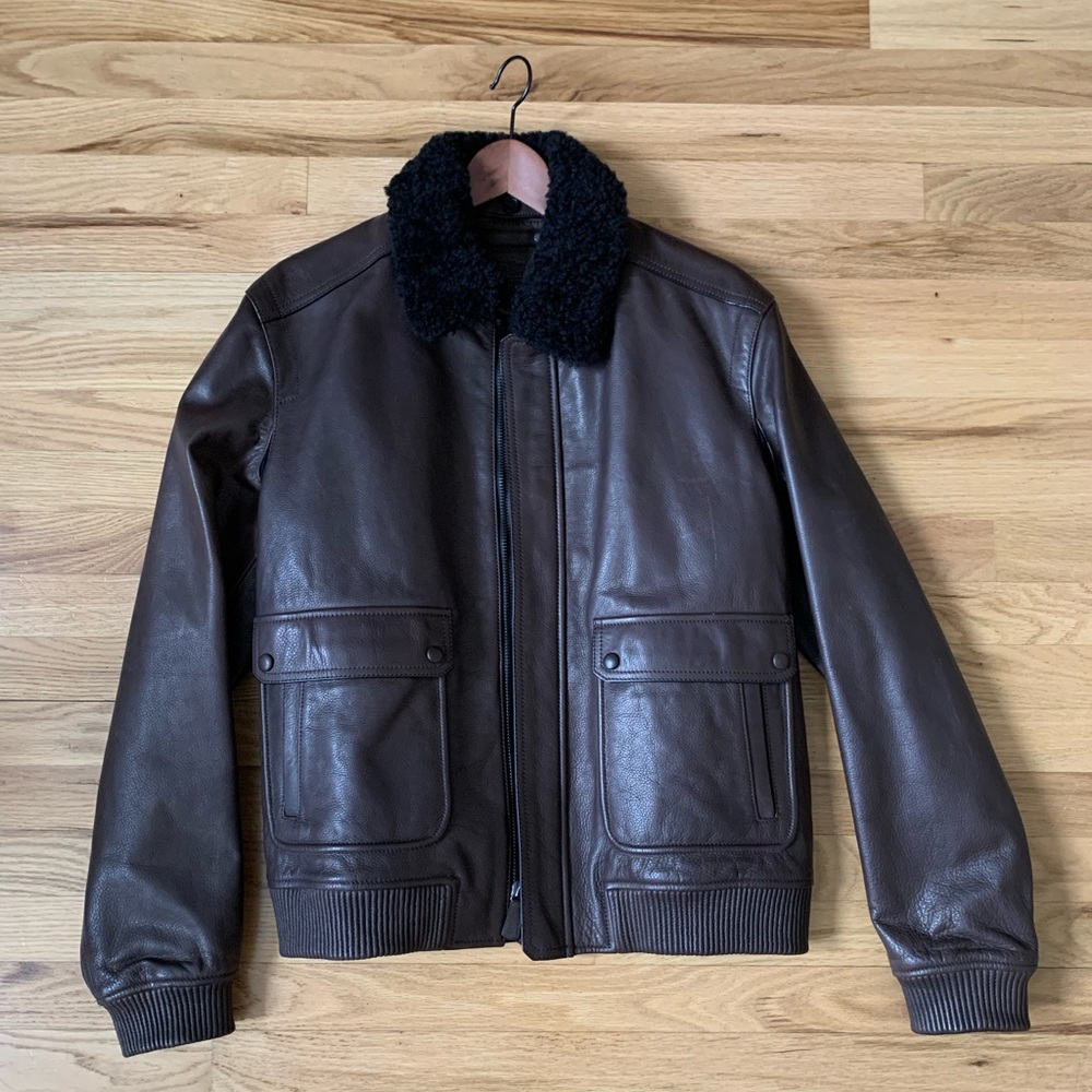 Signature Leather Jacket With Shearling Collar Large Brown new